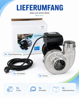 Lieferumfang der FlowFriend Standard HFP90 Teichpumpe 70.000 l/h mit Pumpe, Stromkabel und Originalverpackung
