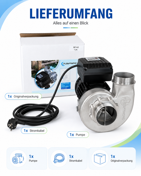 Lieferumfang der FlowFriend Standard HFP90 Teichpumpe 70.000 l/h mit Pumpe, Stromkabel und Originalverpackung