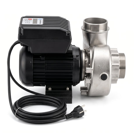 FlowFriend Standard HFP90 Teichpumpe in Seitenansicht mit Edelstahl-Pumpengehäuse, Motor, Steuerung und Anschlusskabel für Koi- und Teichanlagen
