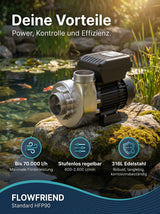 FlowFriend Standard HFP90 Teichpumpe mit bis zu 70.000 l/h Förderleistung, stufenloser Regelung und robustem 316L Edelstahlgehäuse