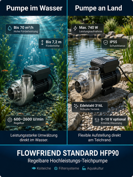 FlowFriend Standard HFP90 Teichpumpe für den Einsatz im Wasser und an Land mit bis zu 70 m³/h Förderleistung und 7,2 m Förderhöhe