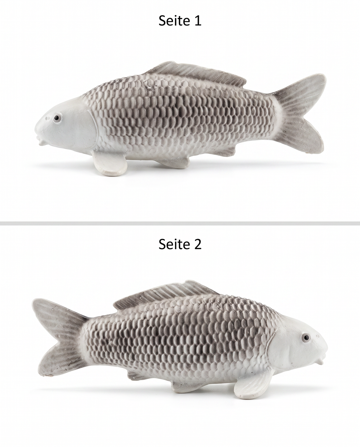 Gin Matsuba Koi-Figur von beiden Seiten – handbemalte silbergraue Fischfigur mit markanter Schuppenzeichnung und detailreicher Struktur als besondere Japan-Deko für Wohnbereich, Terrasse, Garten oder Teichbereich