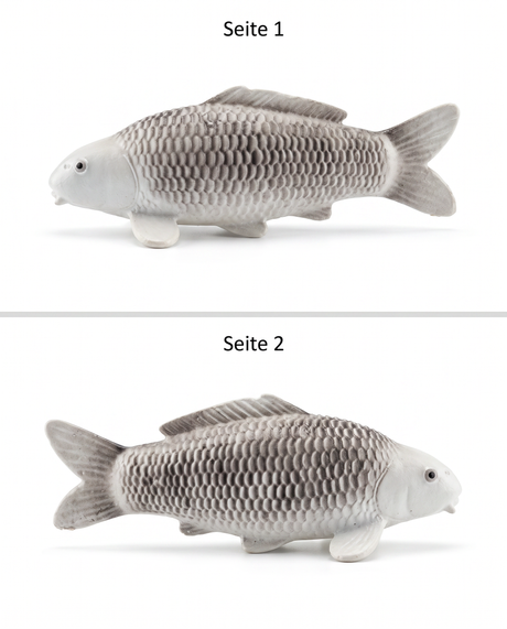 Gin Matsuba Koi-Figur von beiden Seiten – handbemalte silbergraue Fischfigur mit markanter Schuppenzeichnung und detailreicher Struktur als besondere Japan-Deko für Wohnbereich, Terrasse, Garten oder Teichbereich