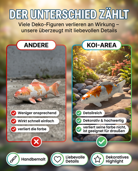 Handbemalte Kujaku Koi-Figur im Vergleich mit einer einfachen Koi-Dekofigur mit Fokus auf Details und Verarbeitung.