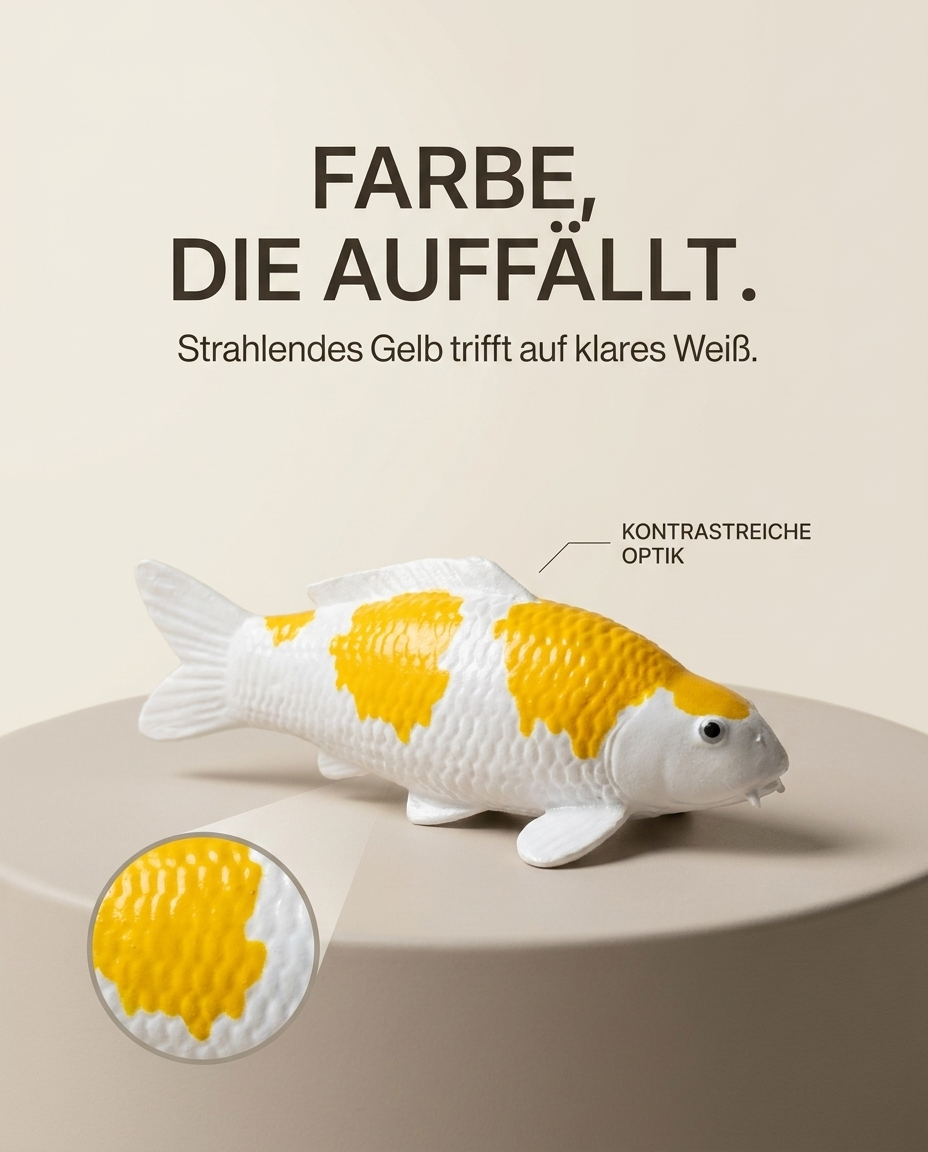 Gelb-weiße Hariwake Karpfen Figur mit glänzender Oberfläche als auffällige dekorative Fischfig