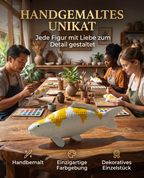 Handbemalte Hariwake Koi-Figur als dekoratives Unikat mit individueller gelb-weißer Farbgebung Deko Fischfigur Koi Figur 