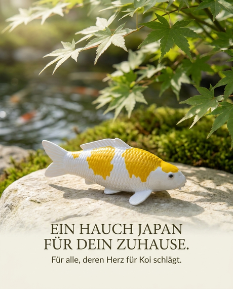 Hariwake Koi-Figur als stilvolle Japan Deko auf einem Stein im Garten für Koi- und Japan-Liebhaber