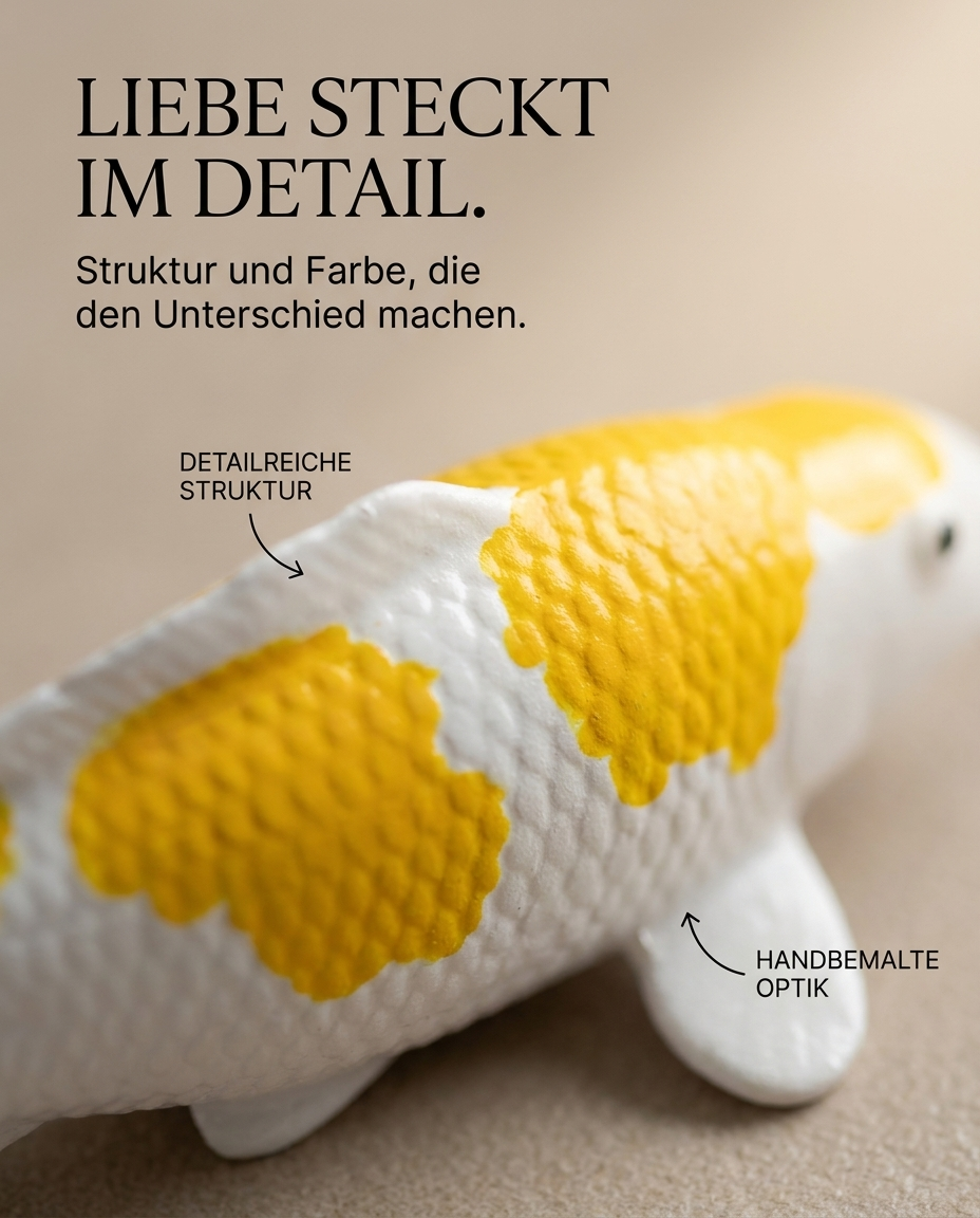 Detailaufnahme einer handbemalten Hariwake Koi-Figur mit gelben Flächen und sichtbarer Schuppenstruktur