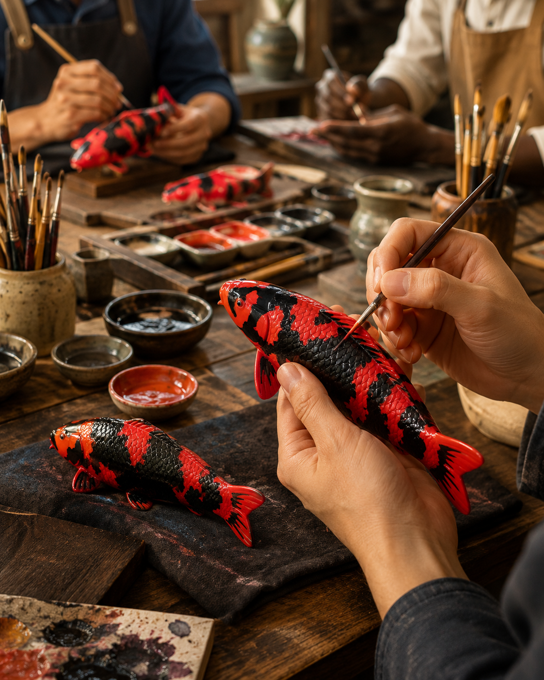 Handbemalte Hi Utsuri Koi-Figur in Schwarz-Rot während der Bemalung in einer Werkstatt – detailreiche Deko-Figur im japanischen Koi-Stil, kunstvoll gefertigt als dekoratives Einzelstück