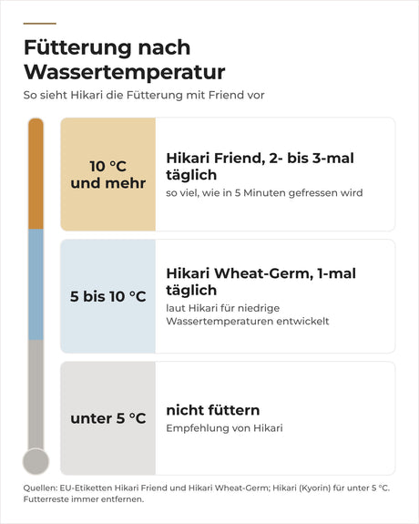 Hikari-Fütterung nach Wassertemperatur: Friend ab 10 °C, Wheat-Germ ab 5 °C, darunter nicht füttern