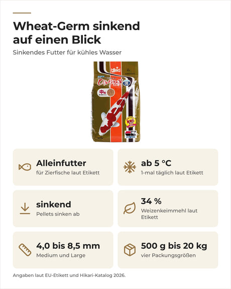Hikari Wheat-Germ sinkend auf einen Blick: Alleinfutter ab 5 °C, sinkend, zwei Pelletgrößen