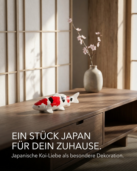 Rot-schwarz-weiße Koi-Figur als stilvolle Japan-Deko für Wohnraum, Regal, Eingangsbereich oder dekorative Tischgestaltung
