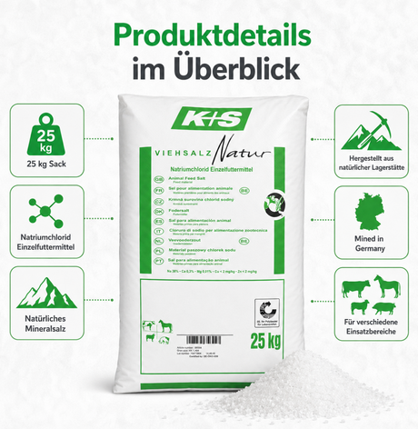 Produktdetails von K+S Viehsalz Natur 25 kg mit Natriumchlorid Einzelfuttermittel, natürlichem Mineralsalz und Herkunft aus Deutschland