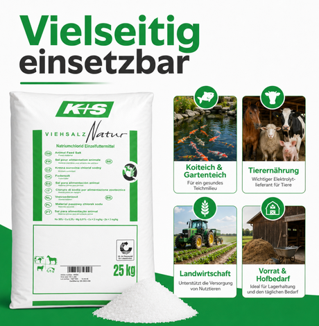K+S Viehsalz Natur 25 kg vielseitig einsetzbar für Koiteich, Gartenteich, Tierernährung und Landwirtschaft