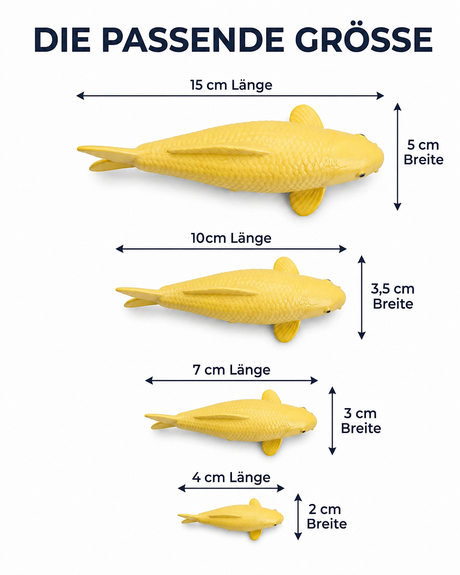 Gelbe Karashigoi Koi-Figur in 15, 10, 7 und 4 cm als Größenübersicht – handbemalte Fischfigur und besondere Japan-Deko für Wohnbereich, Eingangsbereich, Terrasse, Garten oder Teichbereich
