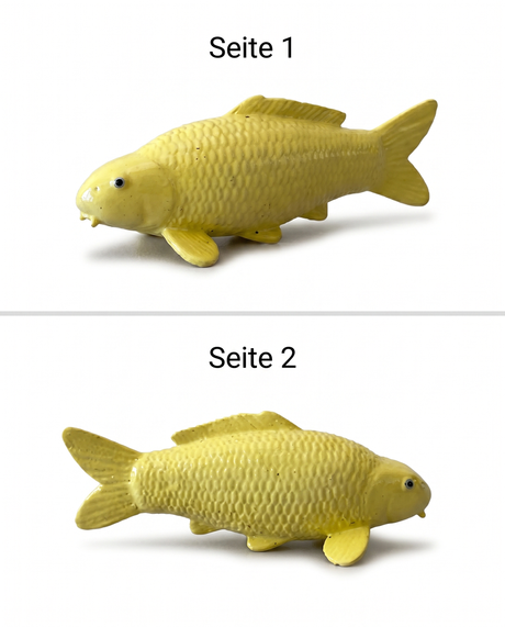 Gelbe Karashigoi Koi-Figur von beiden Seiten – handbemalte Fischfigur mit sichtbarer Schuppenstruktur als besondere Japan-Deko für Wohnbereich, Eingangsbereich, Terrasse, Garten oder Teichbereich