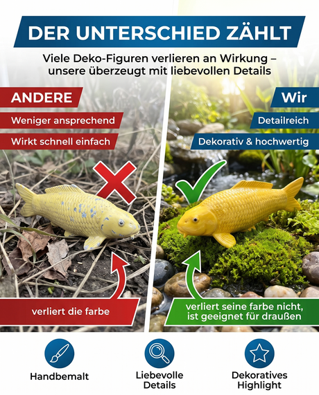 Vergleich einer gelben Karashigoi Koi-Figur mit herkömmlicher Deko – handbemalte Fischfigur mit detailreicher Schuppenstruktur als besondere Japan-Deko für Garten, Terrasse, Eingangsbereich und Teichbereich