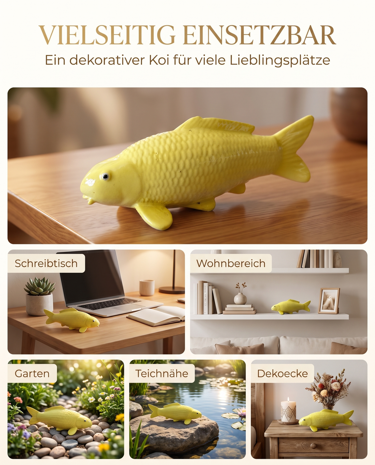Karashigoi Koi-Figur als vielseitige Deko für Schreibtisch, Garten, Wohnbereich und Teichbereich.