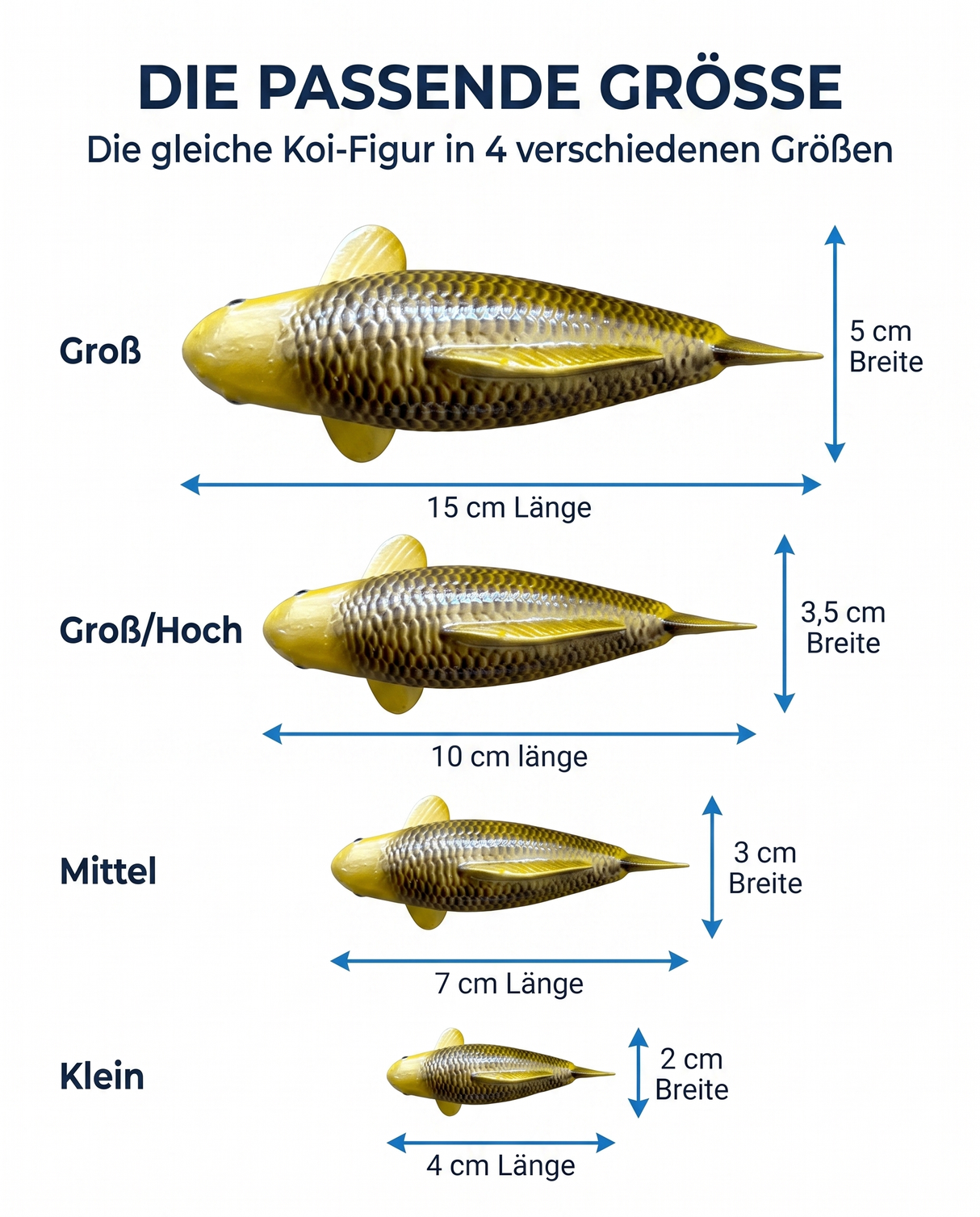 Größenübersicht der Ki Matsuba Koi-Figur in mehreren Varianten als vielseitige Karpfen-Figur für Wohnbereich, Gartenhaus oder Teichbereich
