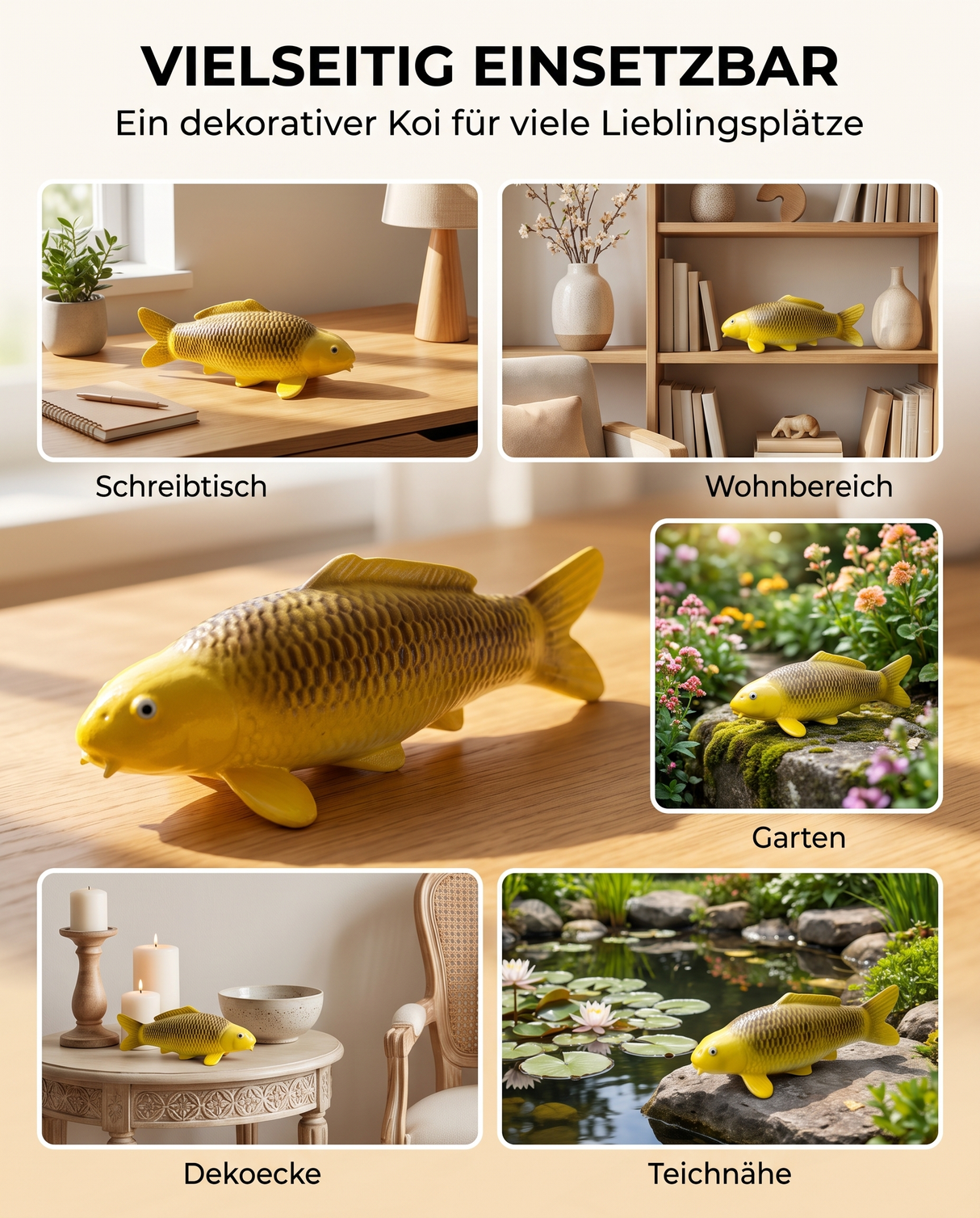Ki Matsuba Koi-Figur als besondere Deko für Schreibtisch, Dekoecke, Wohnbereich, Garten und Teichbereich