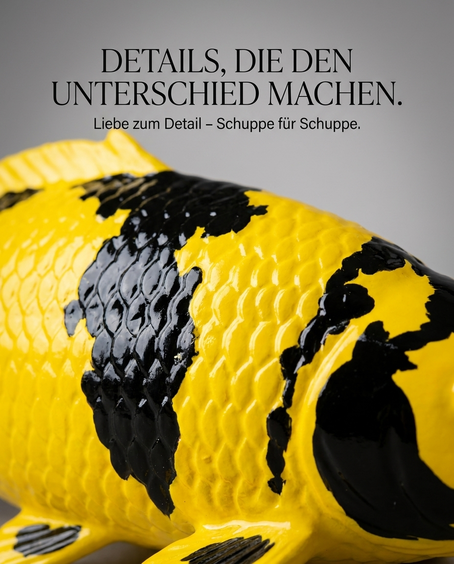 Detailaufnahme der Ki Utsuri Fischfigur mit markanter Schuppenstruktur als besondere Deko und hochwertige Karpfen-Figur