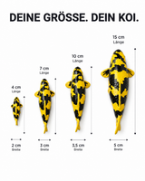 Gelb-schwarze Ki Utsuri Koi-Figur in 15, 10, 7 und 4 cm als Größenübersicht – handbemalte Fischfigur mit markanter Farbgebung als dekorative Japan-Deko für Wohnbereich, Terrasse, Garten oder Teichbereich