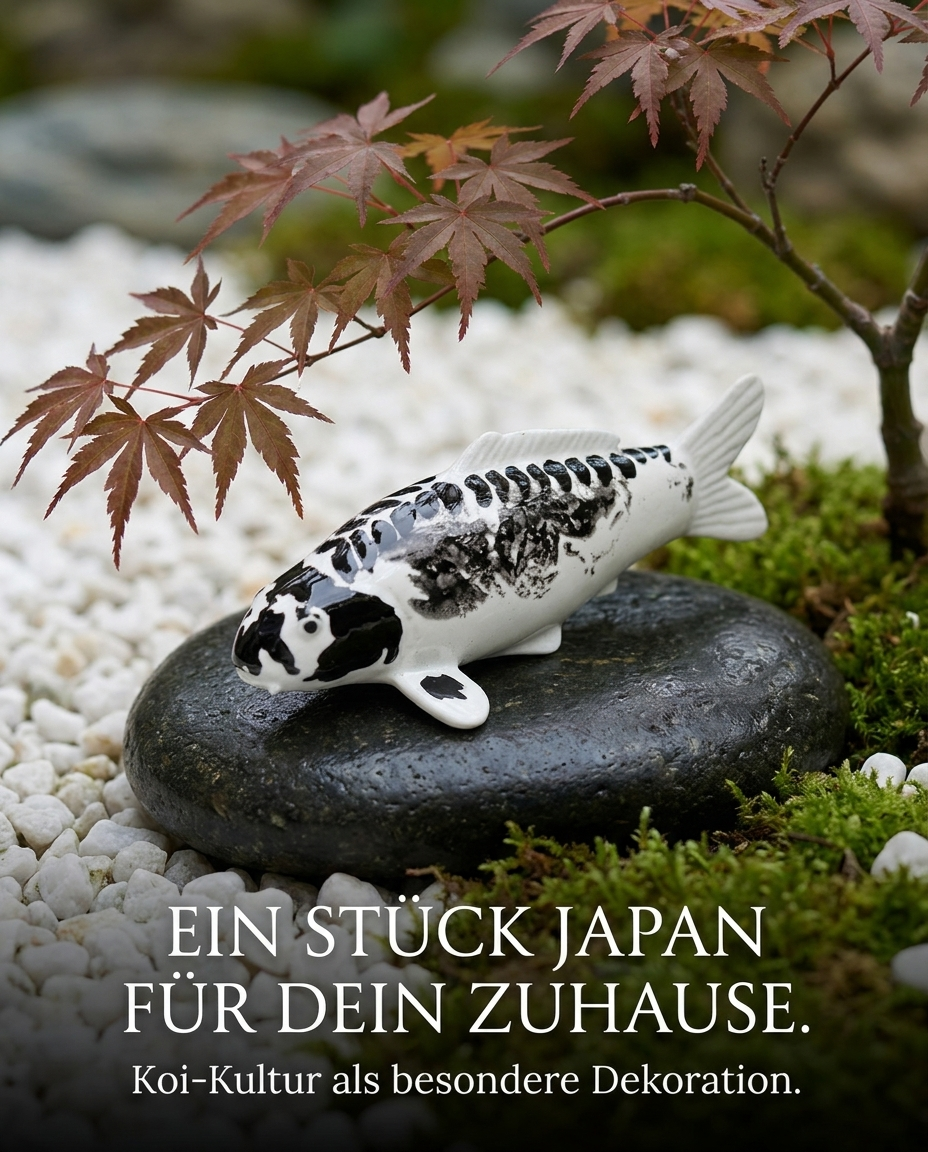 Kikokuryu Koi-Figur in Schwarz-Weiß auf einem Stein als besondere Japan-Deko für Garten, Teichbereich und Eingangsbereich