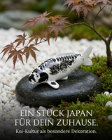 Kikokuryu Koi-Figur in Schwarz-Weiß auf einem Stein als besondere Japan-Deko für Garten, Teichbereich und Eingangsbereich