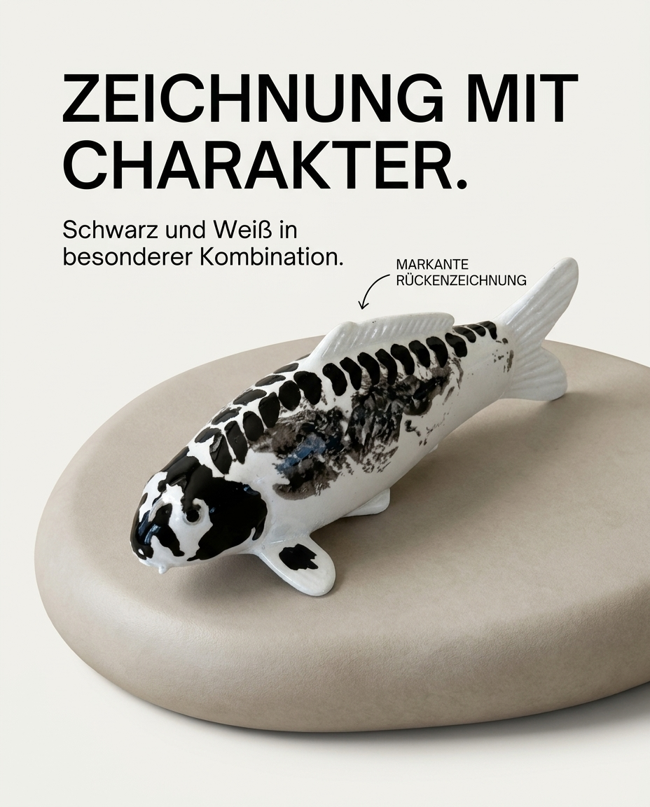 Kikokuryu Koi-Figur in Schwarz-Weiß mit markanter Rückenzeichnung als besondere Fischfigur und Japan-Deko für Wohnbereich, Regal oder Eingangsbereich
