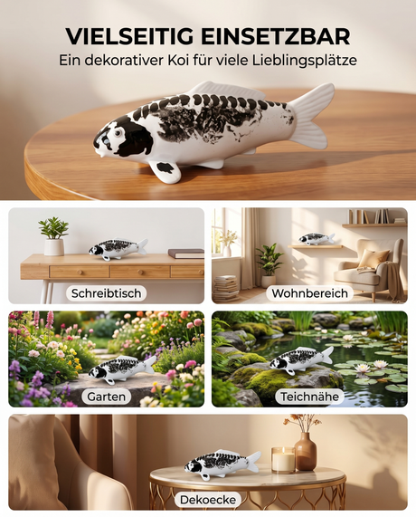 Handbemalte Kikokuryu Koi-Fischfigur in Schwarz und Weiß als vielseitige Dekoration für Schreibtisch, Wohnbereich, Garten, Teichnähe und Dekoecke