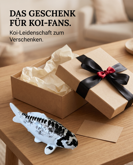 Handbemalte Kikokuryu Koi-Fischfigur in Schwarz und Weiß als besondere Geschenkidee für Koi-Fans neben einer Geschenkbox