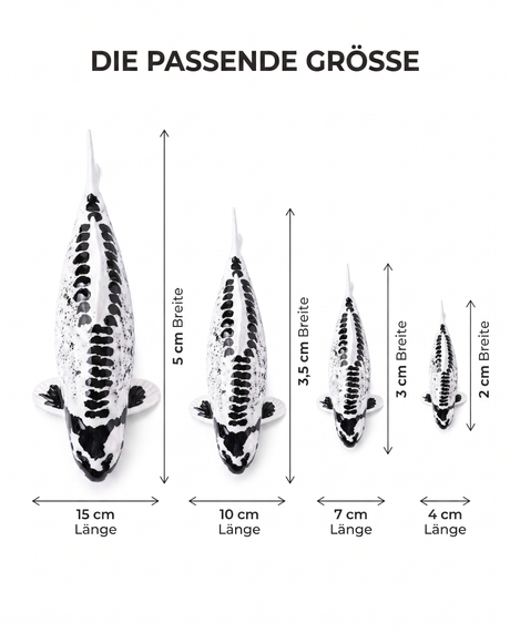 Größenübersicht der handbemalten Kikokuryu Koi-Fischfigur in 15 cm, 10 cm, 7 cm und 4 cm Länge mit jeweiliger Breite