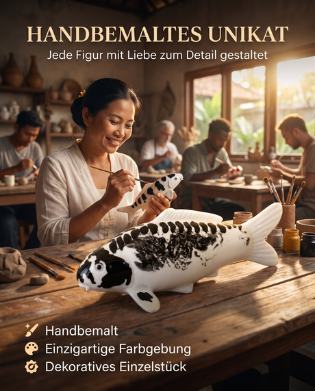 Handbemalte Kikokuryu Koi-Fischfigur in Schwarz und Weiß als dekoratives Unikat mit individueller Farbgebung