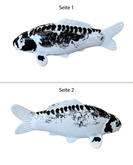 Handbemalte Kikokuryu Koi-Fischfigur in Schwarz und Weiß von beiden Seiten auf weißem Hintergrund