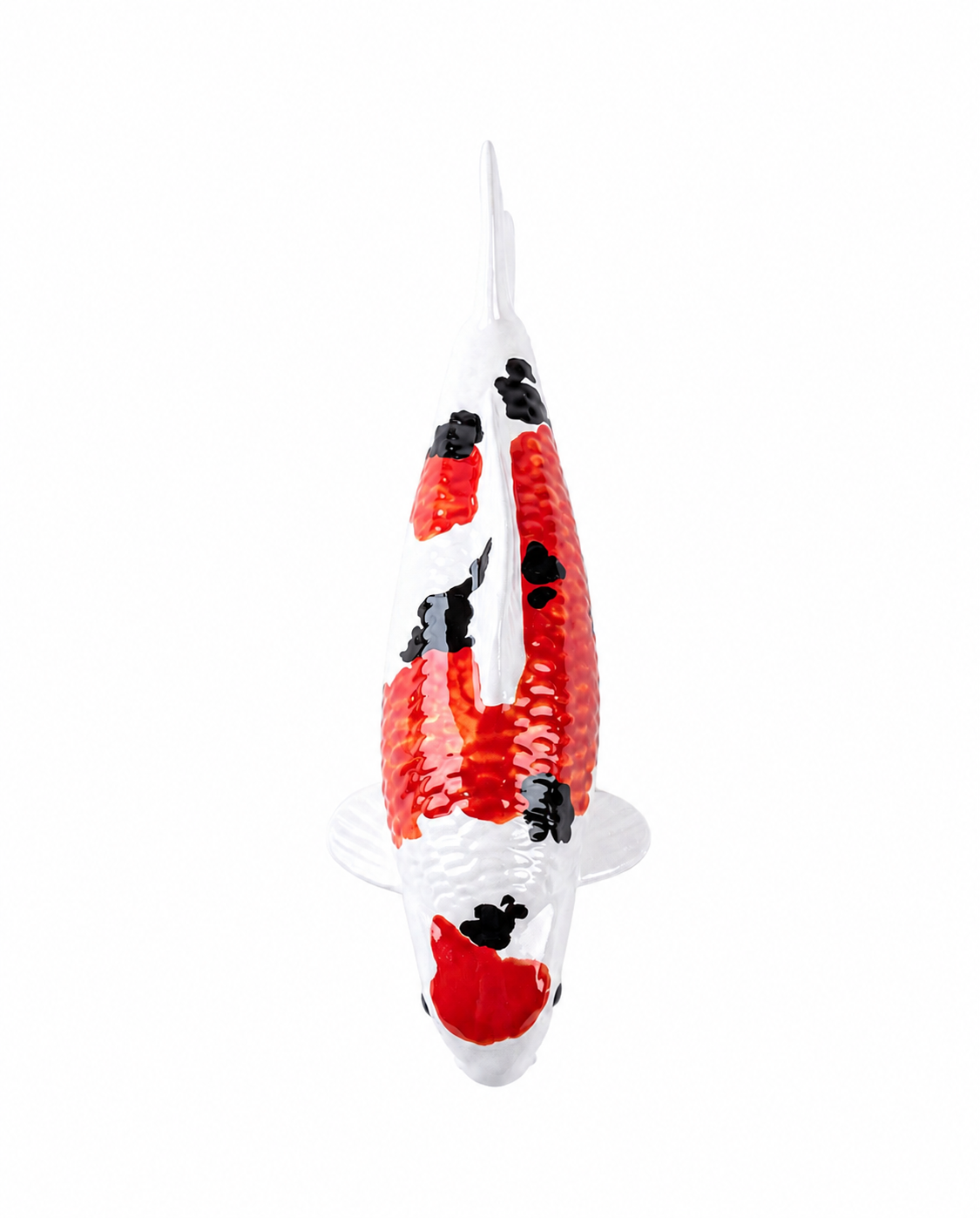 Kin Sanke Koi-Figur aus der Draufsicht – handbemalte Deko-Fischfigur mit weißer Grundfarbe sowie roten und schwarzen Akzenten, detailreicher Schuppenstruktur und eleganter Optik als dekoratives Highlight für Wohnraum, Terrasse, Garten oder Teichbereich