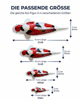 Größenübersicht der Kin Sanke Koi-Figur in mehreren Varianten als flexible Fischfigur für Wohnbereich, Teichnähe, Regal oder Geschenkidee
