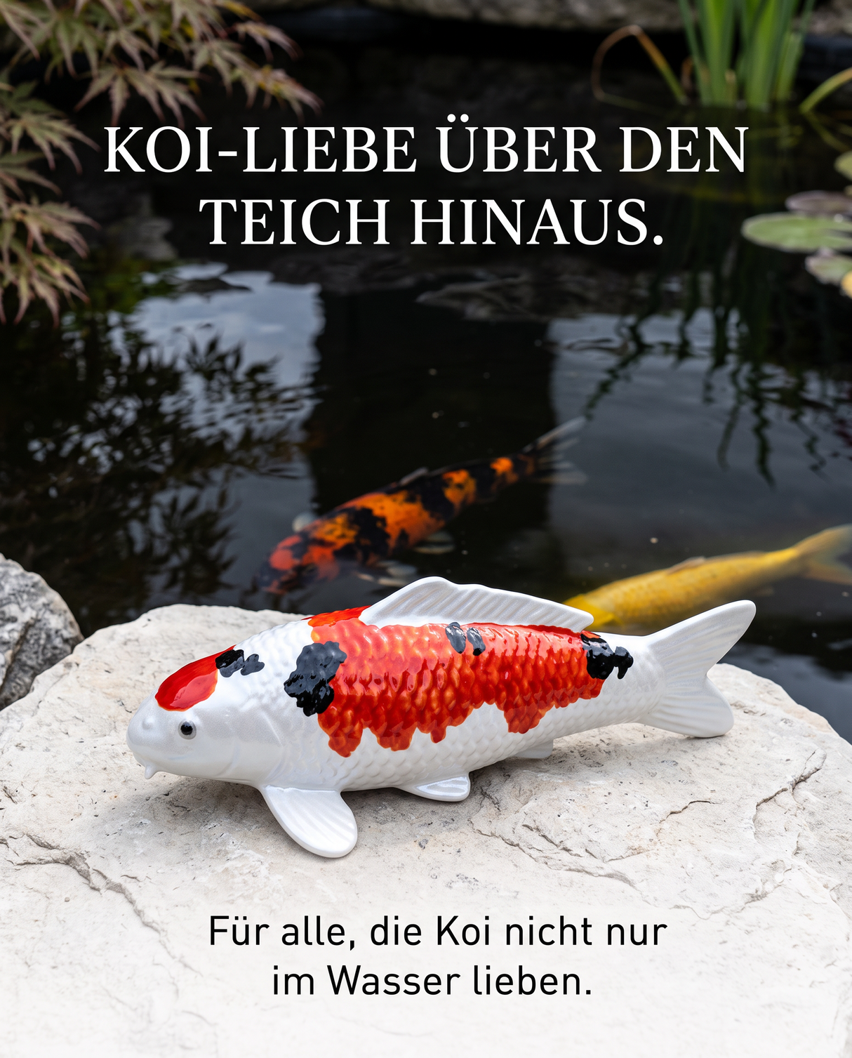 Kin Sanke Koi-Figur als Blickfang am Teichrand, im Garten oder auf der Terrasse – stilvolle Japan-Deko für Außenbereich und Wohnbereich