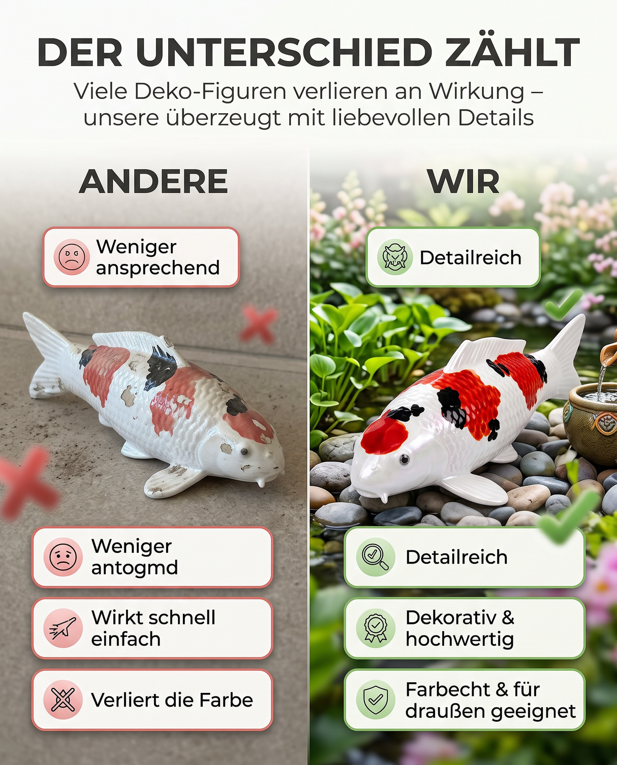 Vergleichsgrafik der Kin Sanke Koi-Figur mit detailreicher Verarbeitung und hochwertiger Optik als Deko für Garten, Terrasse und Teichbereich