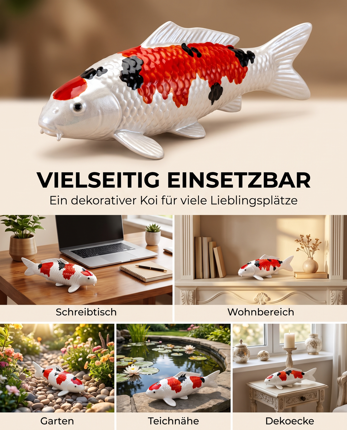Kin Sanke Koi-Figur als besondere Deko und Japan-Deko für Schreibtisch, Wohnbereich, Garten, Terrasse, Regal und Teichbereich.