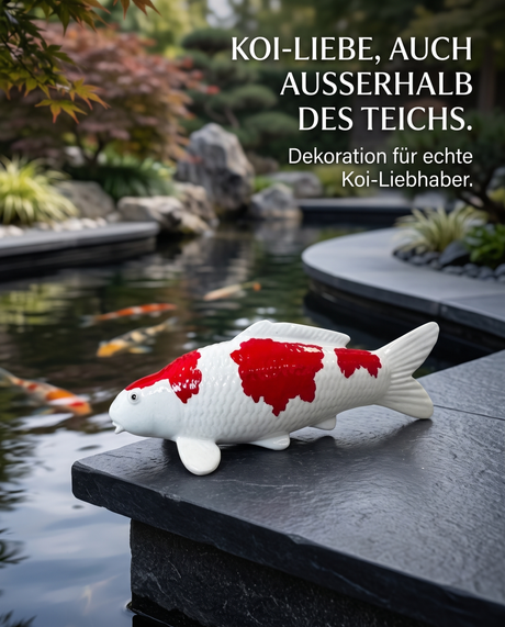 Handbemalte Kohaku 2 Koi-Fischfigur in Rot und Weiß als dekorativer Blickfang am Koiteich