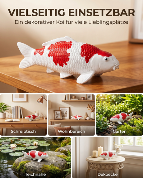 Handbemalte Kohaku 2 Koi-Fischfigur in Rot und Weiß als vielseitige Dekoration für Schreibtisch, Wohnbereich, Garten, Teichnähe und Dekoecke