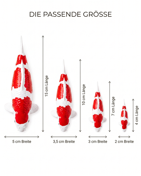 Größenübersicht der handbemalten Kohaku 2 Koi-Fischfigur in 15 cm, 10 cm, 7 cm und 4 cm Länge mit jeweiliger Breite
