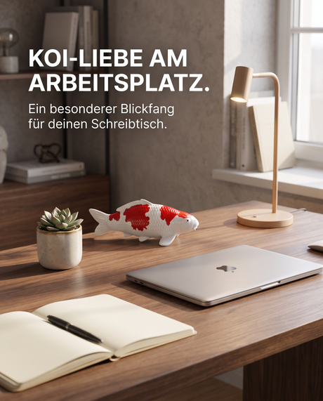 Handbemalte Kohaku 2 Koi-Fischfigur in Rot und Weiß als dekorativer Blickfang auf dem Schreibtisch