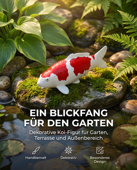 Kohaku Koi-Figur auf einem Stein im Garten als stilvolle Japan-Deko für Teichbereich, Terrasse und Außenbereich