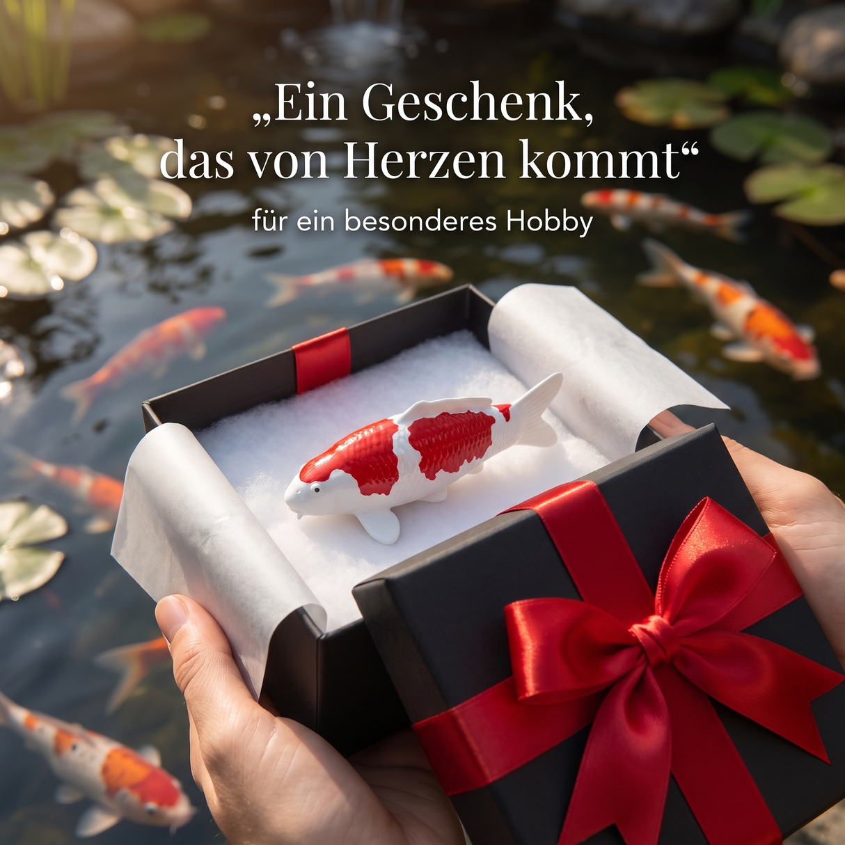 Kohaku Koi-Figur in einer Geschenkbox als besondere Geschenkidee für Koi-Liebhaber und Fans japanischer Dekoration
