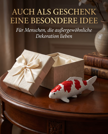 Handbemalte Kohaku Koi-Figur als besondere Geschenkidee neben einer eleganten Geschenkbox