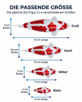 Größentabelle der rot-weißen Kohaku-4 Koi-Figur in vier Größen von 4 bis 15 cm – dekorative Fischfigur für Gartenteich, Terrasse und Garten