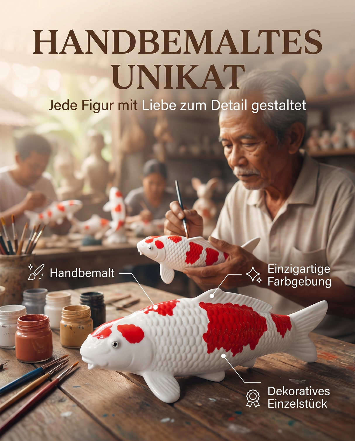 Handbemalte rot-weiße Kohaku-4 Koi-Figur als dekoratives Einzelstück – besondere Karpfen-Figur für Wohnbereich, Regal, Eingangsbereich oder als Geschenkidee