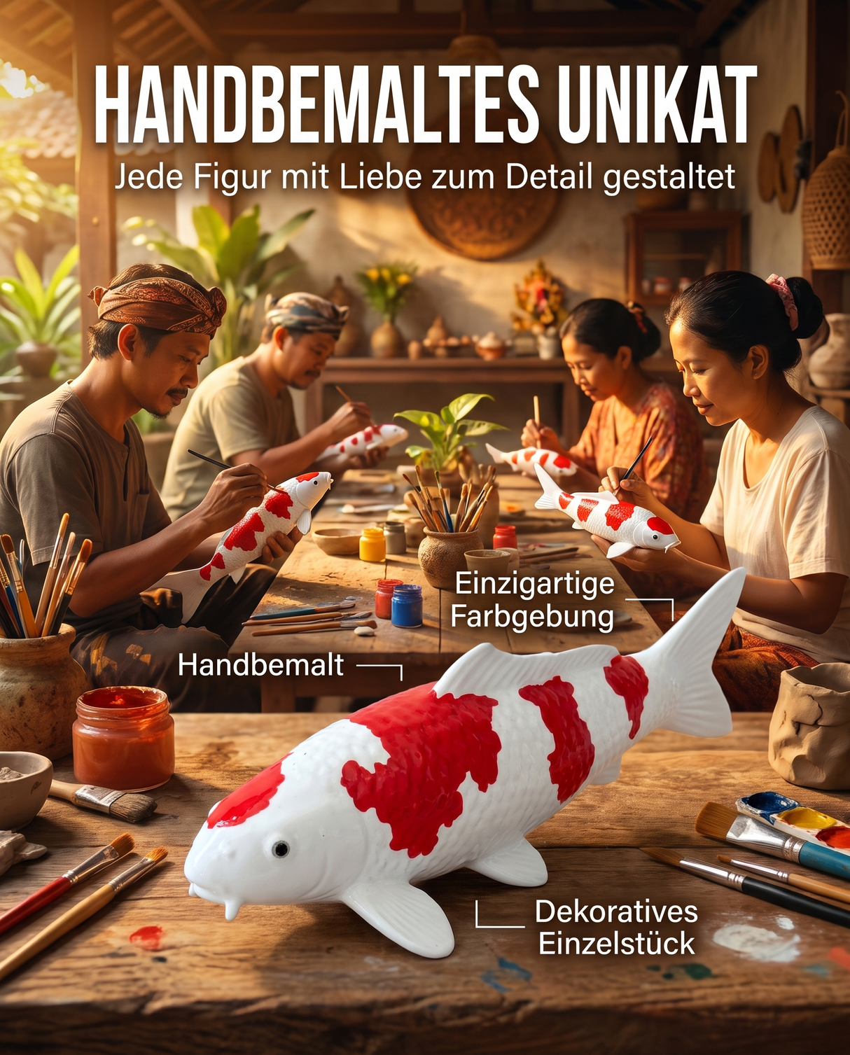 Handbemalte Kohaku Koi-Figur als dekoratives Unikat und besondere Karpfen-Figur für Wohnbereich, Eingangsbereich oder als Geschenkidee