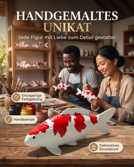Handbemalte Kohaku Koi-Figur als dekoratives Unikat mit individueller rot-weißer Farbgebung